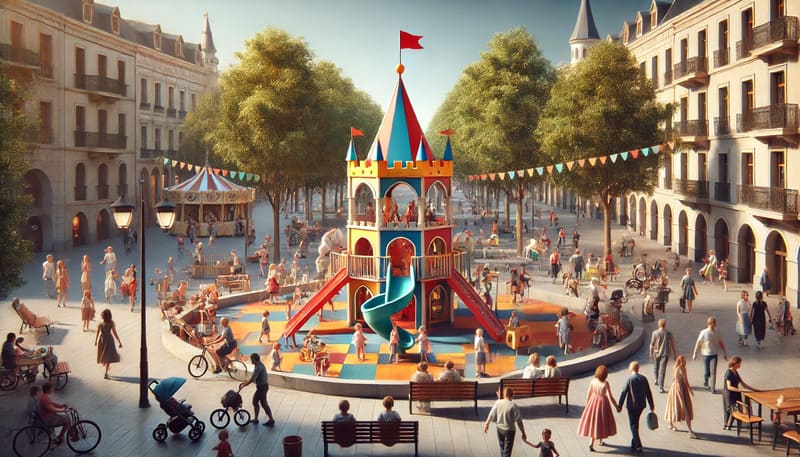 castillo hinchable en una plaza realista Anima'ns Animación infantil para eventos, bodas, comuniones...